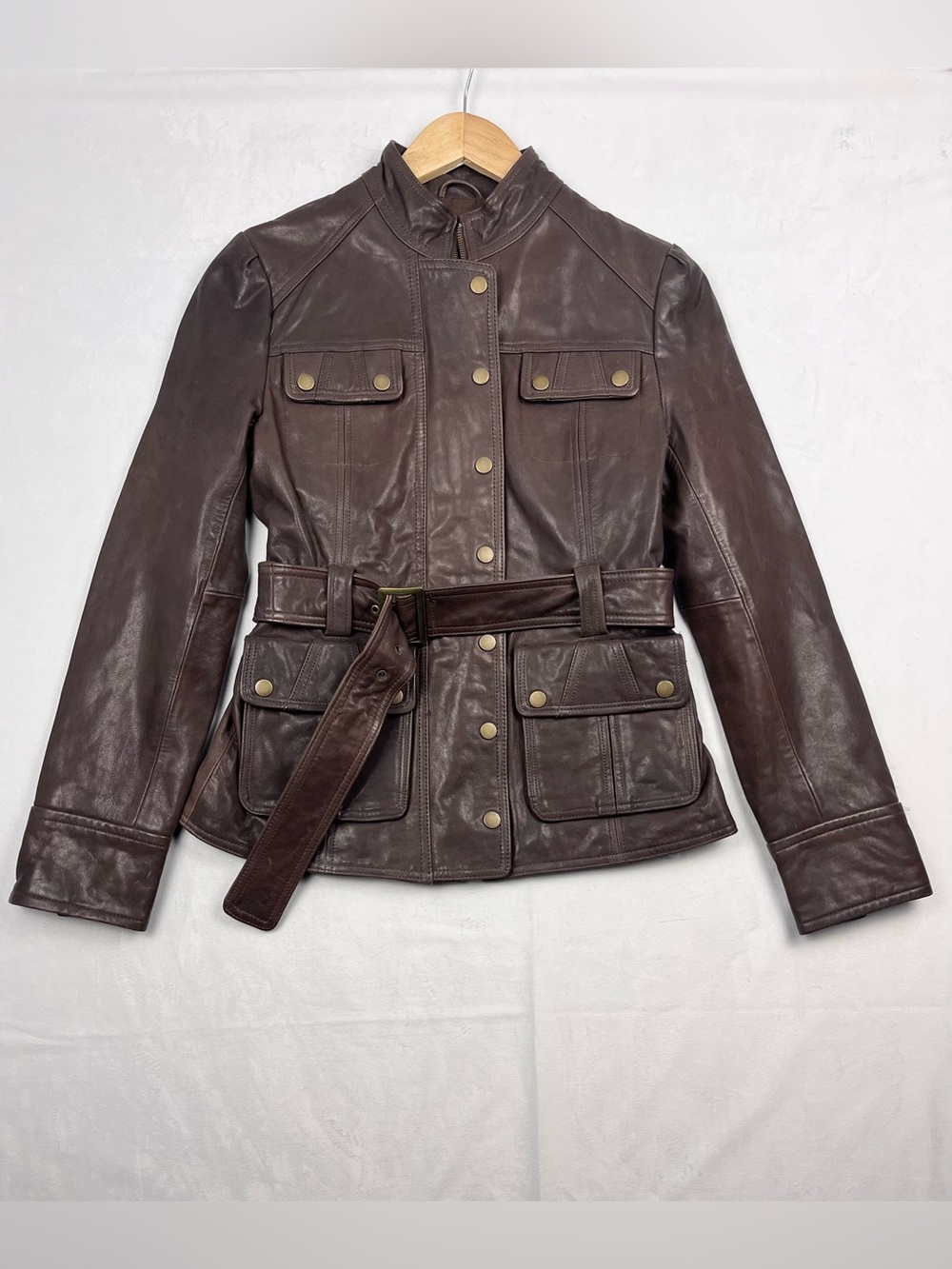 Tristan Genuine Leather Brown Utility Belted Safari Moto Style Jacket Size Small